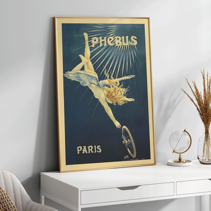 Poster of a winged figure with golden hair falling toward a bicycle wheel in Phébus by Henri Boulanger Gray, framed and displayed in home decor