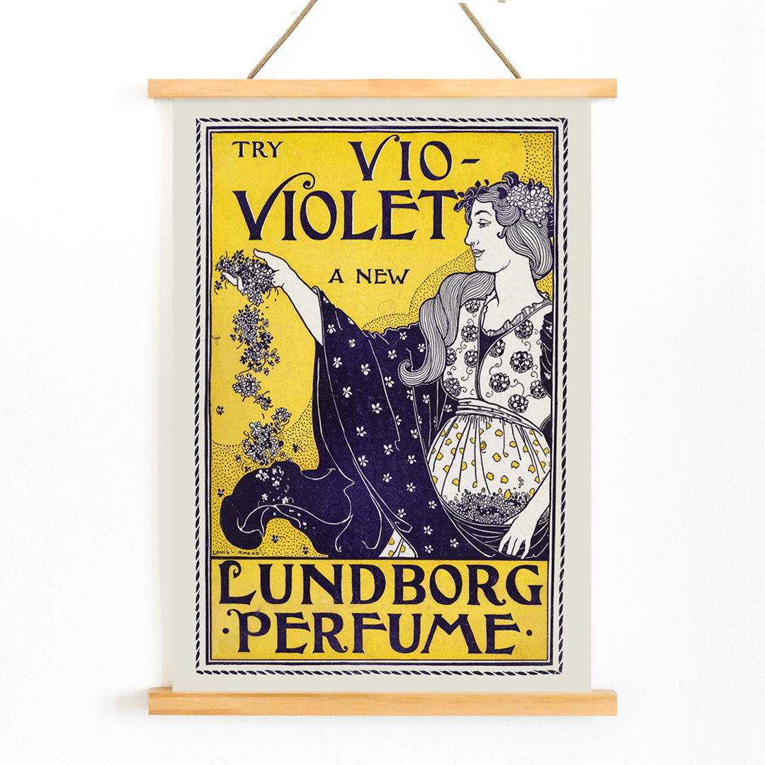 Art Nouveau perfume poster by Louis Rhead featuring a woman holding flowers with floral motifs, with wooden magnetic frame on white background