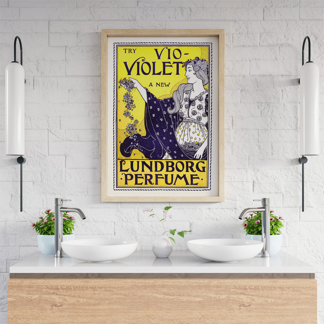 Art Nouveau perfume poster by Louis Rhead featuring a woman holding flowers with floral motifs, framed and displayed in home decor