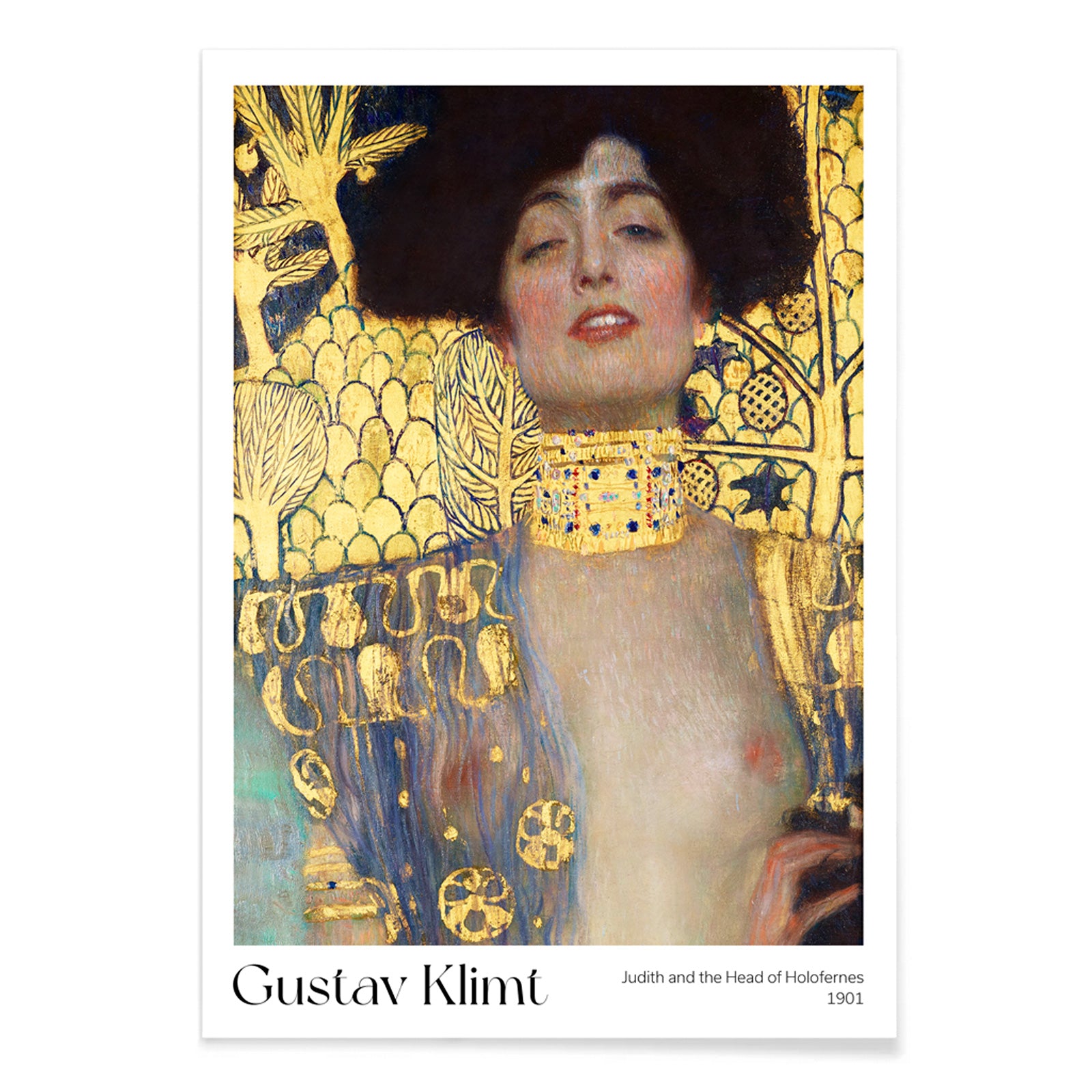 Judith and the Head of Holofernes by Gustav Klimt on ornate gold background art poster, with black aluminium frame on white background