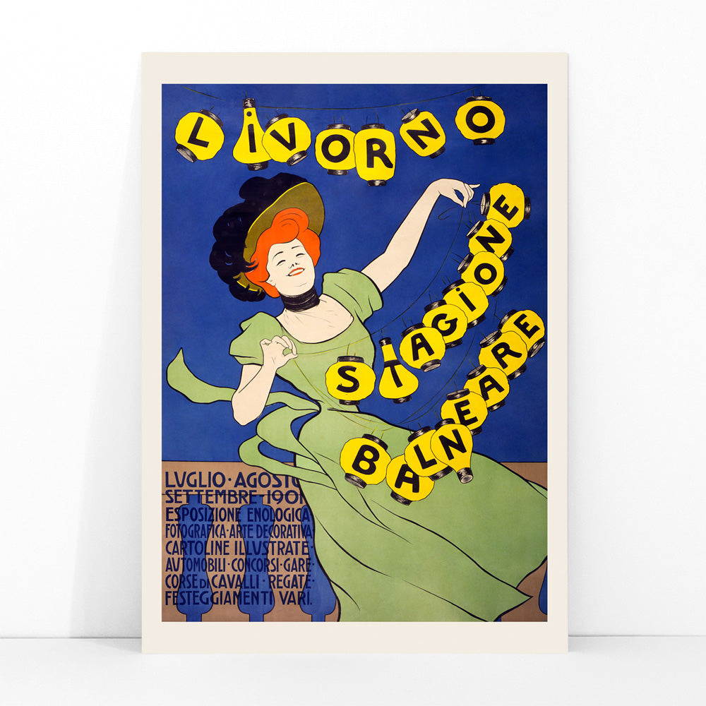 Woman in green dress holding yellow lanterns Livorno stagione balneare by Leonetto Cappiello poster on blue background, framed and displayed in modern living room decor