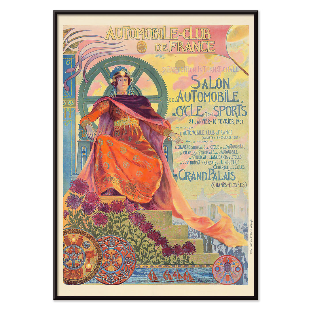 Art Nouveau poster of a regal woman with vibrant colors gears and flowers by Georges Antoine Rochegrosse for Automobile Club De France, with black aluminium frame on white background