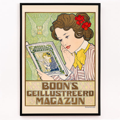 Closeup detail of Art Nouveau poster of a woman reading Boon Magazine by Johann Georg van Caspel with decorative floral details