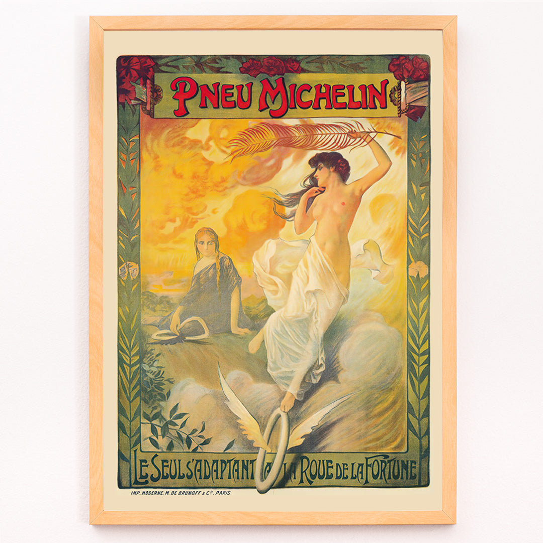 Closeup detail of Vintage Michelin tire advertisement by Edouard Michelin featuring women artistic flourishes flowing fabric palm leaf and winged tire Pneu Michelin poster artwork