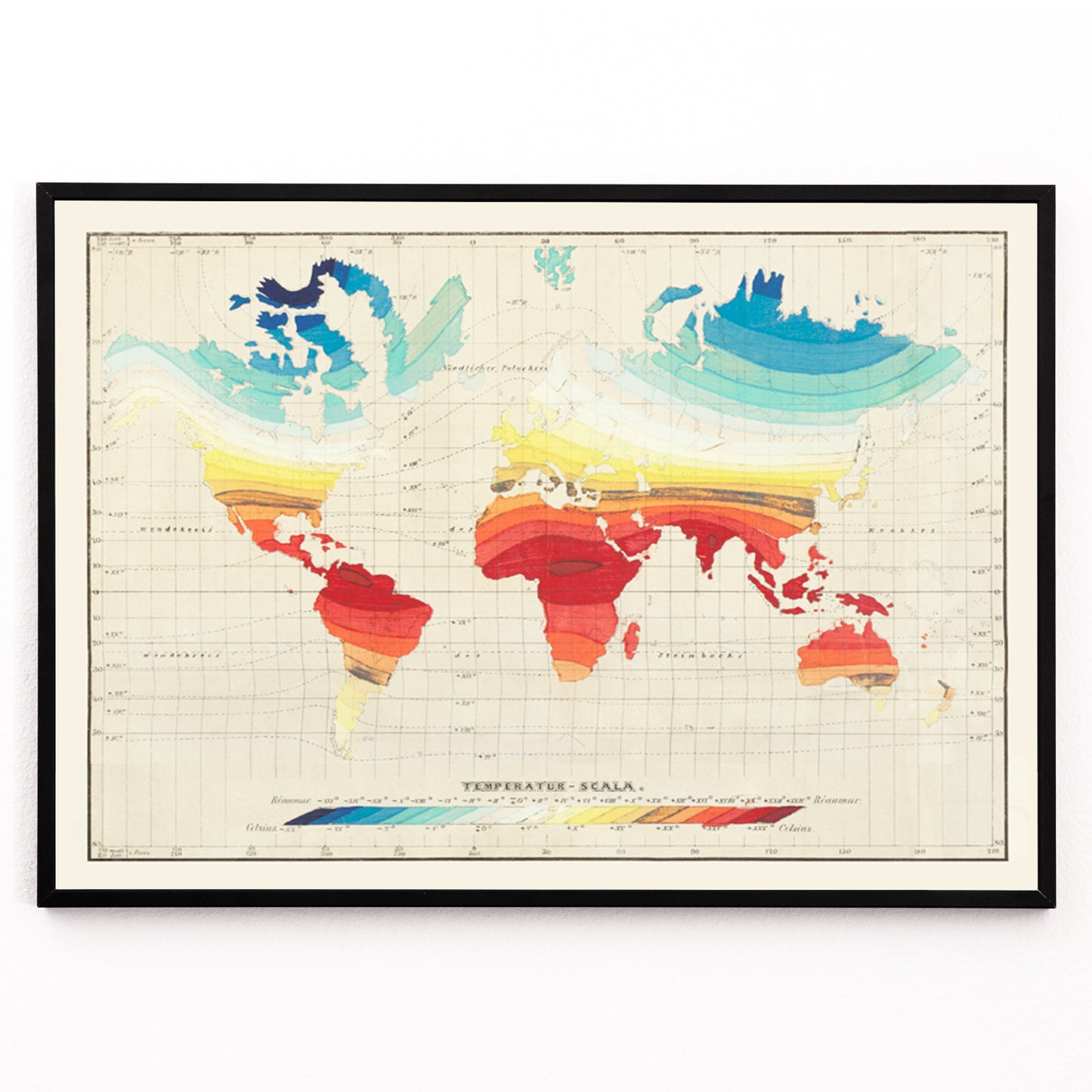 Closeup detail of Colorful vintage world map of global climate and temperature zones by Wilhelm Ebel
