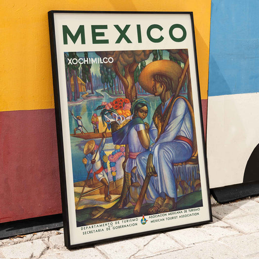 Xochimilco poster with canal boats, flower vendors, and local travelers beneath trees in vivid green, blue, orange, and red, framed and displayed in home decor