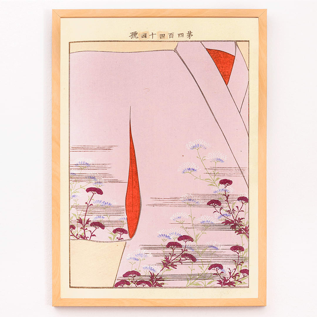 Yachigusa v 15 Pl 24 by Seiko Ueno kimono with delicate floral patterns and red accents poster close up, framed and displayed in modern living room decor