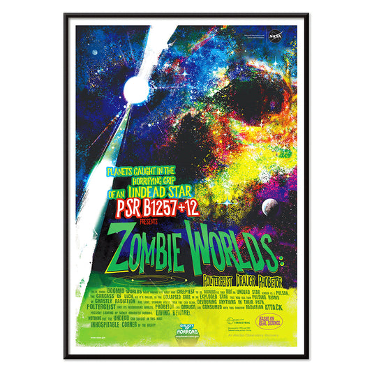 Colorful cosmic-themed NASA artwork titled Zombie Worlds showing planets around an undead star with poster text in a vibrant space scene, with black aluminium frame on white background