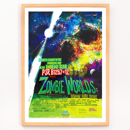 Colorful cosmic-themed NASA artwork titled Zombie Worlds showing planets around an undead star with poster text in a vibrant space scene, framed and displayed in modern living room decor